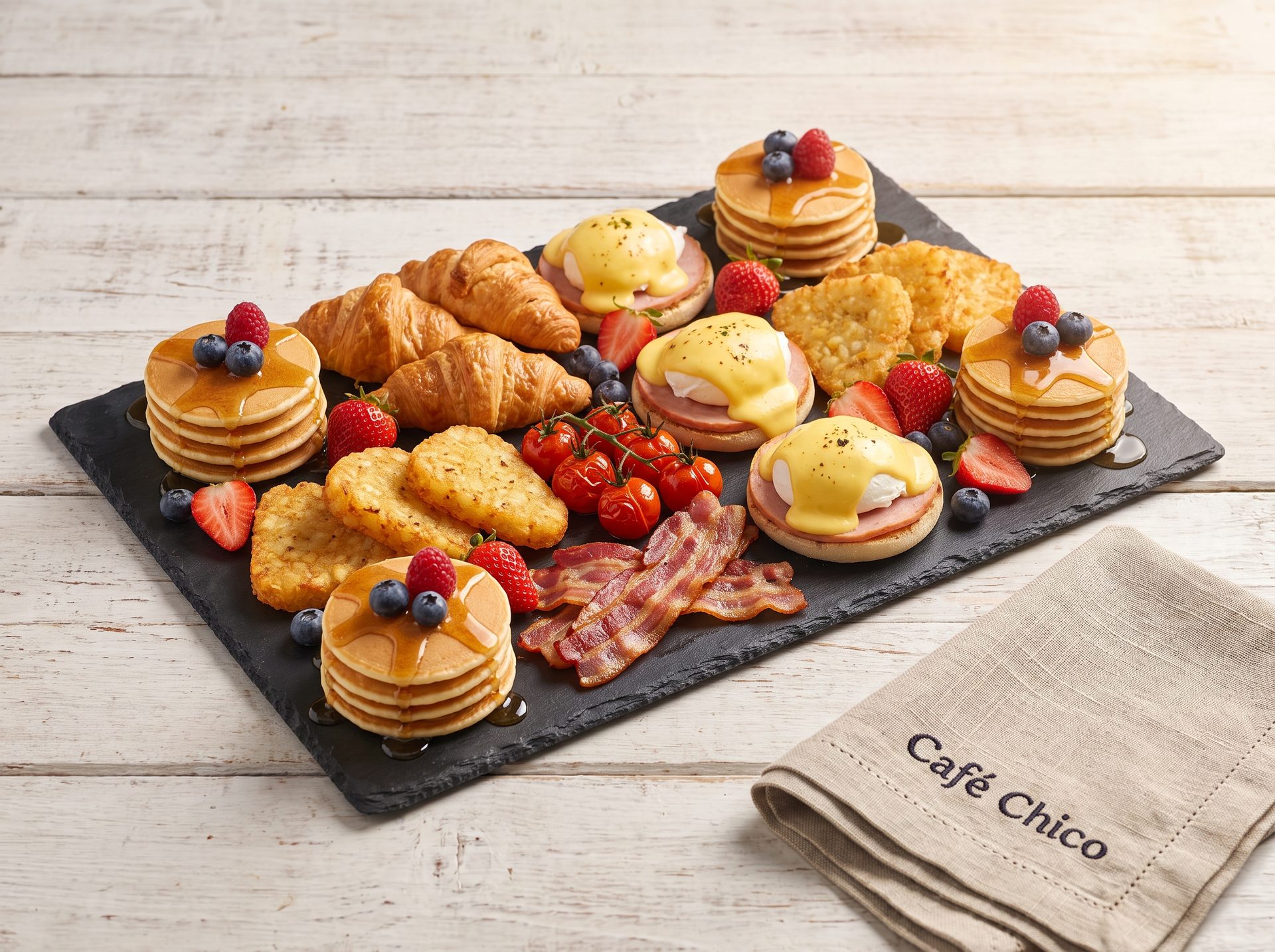 Brunch platter on black slate — mini pancake stacks, eggs benedict, croissants, hash browns, cherry tomatoes, bacon and fresh berries, with a Café Chico linen napkin