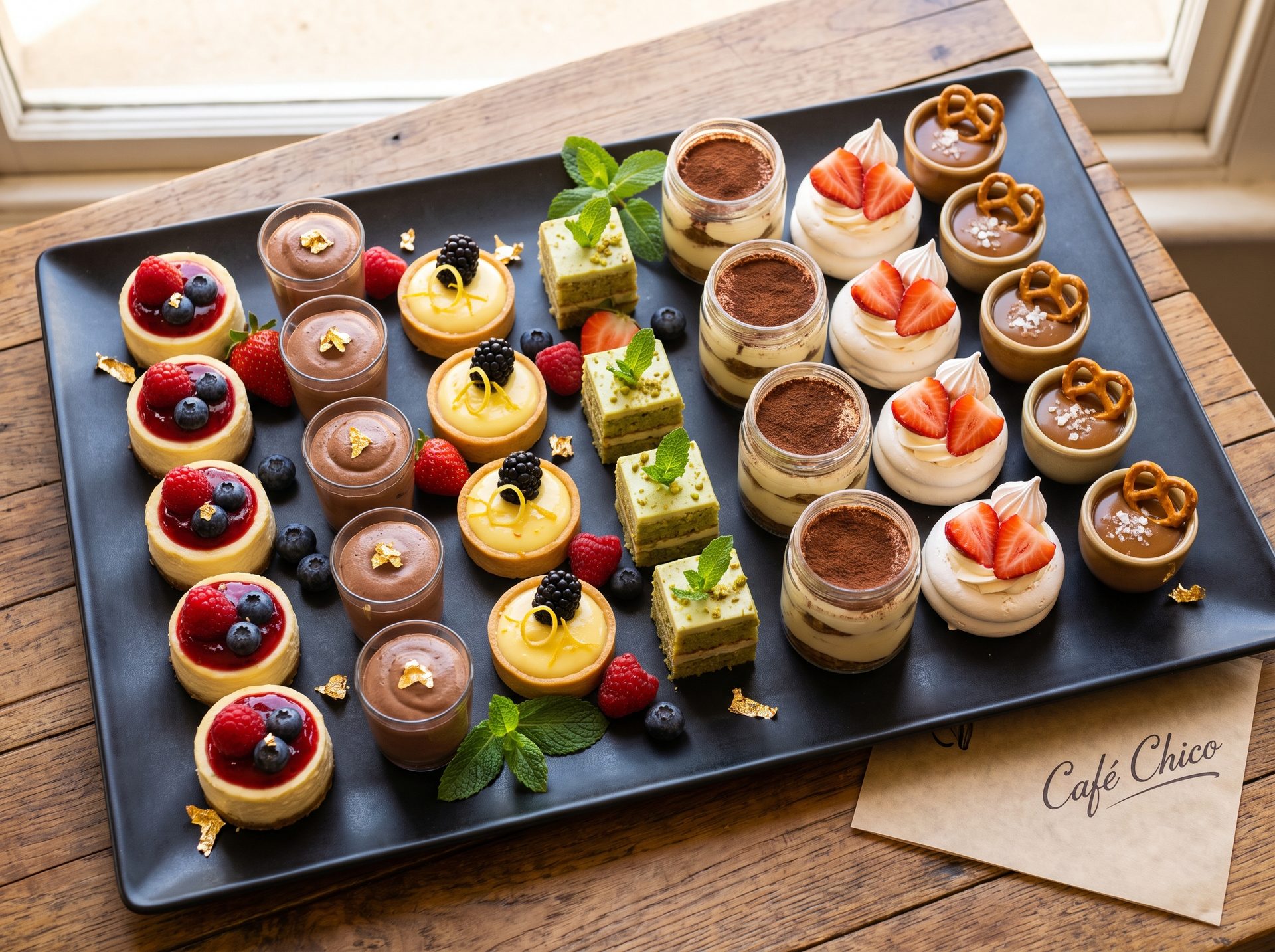 Mini dessert platter on black tray — tiramisu jars, fruit tarts, lemon curd tarts, pistachio cake squares, chocolate ganache pots, meringue nests with strawberries, with a Café Chico branded card