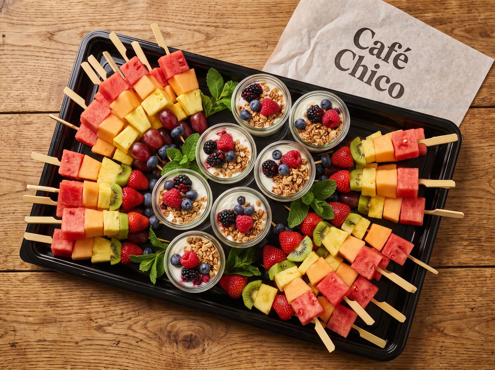 Fruit & yogurt platter on black tray — watermelon, melon, pineapple and kiwi skewers, strawberries, grapes, blueberries, with mini yogurt parfait cups topped with granola, in a Café Chico paper bag