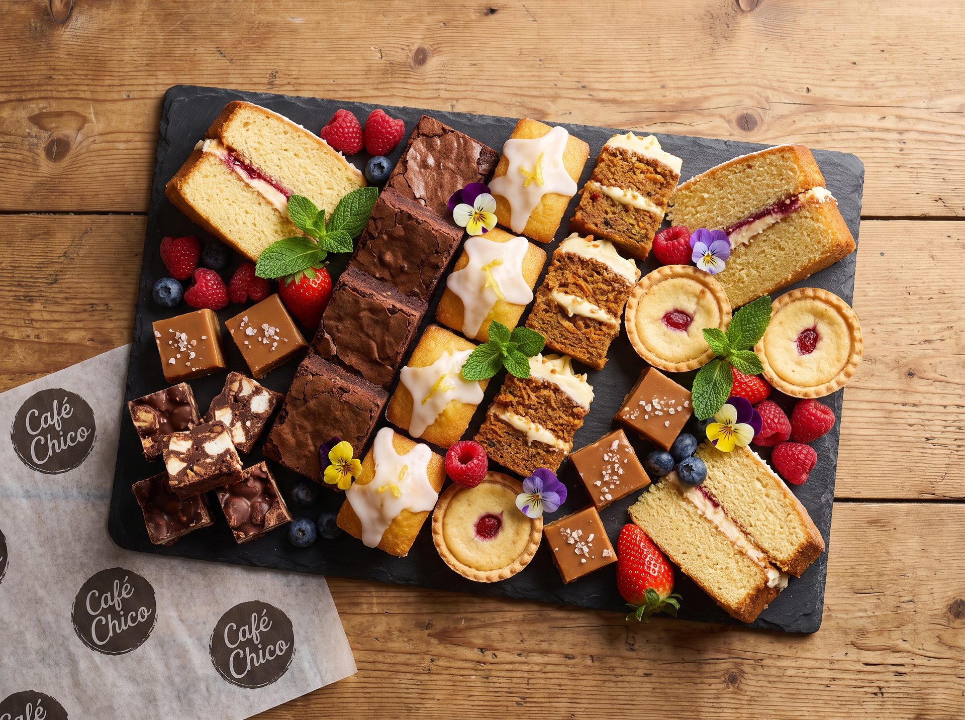 Sweet treats platter on black slate — Victoria sponge, brownies, lemon drizzle, carrot cake, fudge, rocky road, jam tarts, with fresh berries and edible flowers