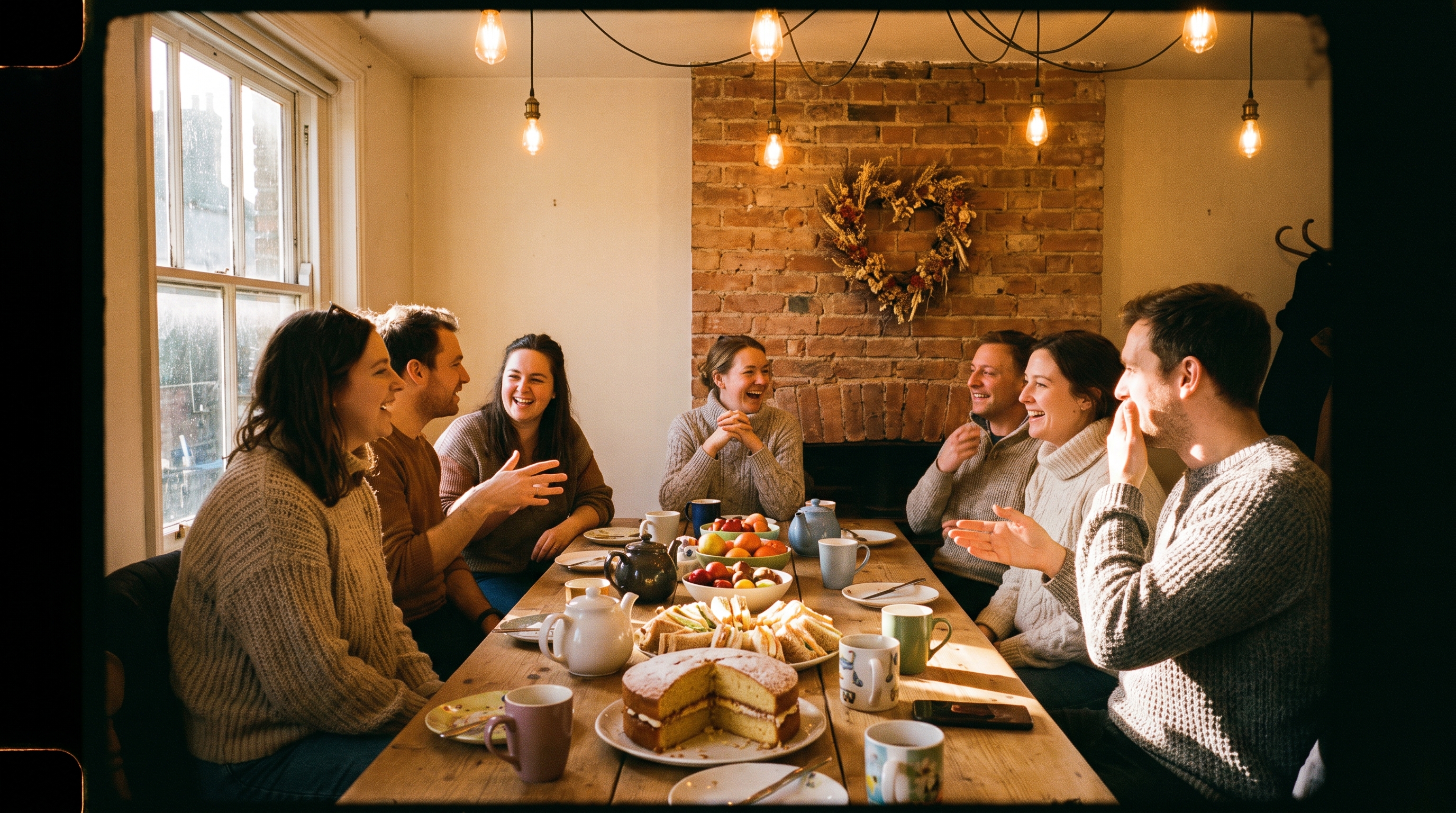 A birthday party of six to seven people gathered around a long wooden table in the upstairs room at Café Chico — exposed brick, Edison bulbs, heart-wreath on the wall, a homemade cake and platters on the table