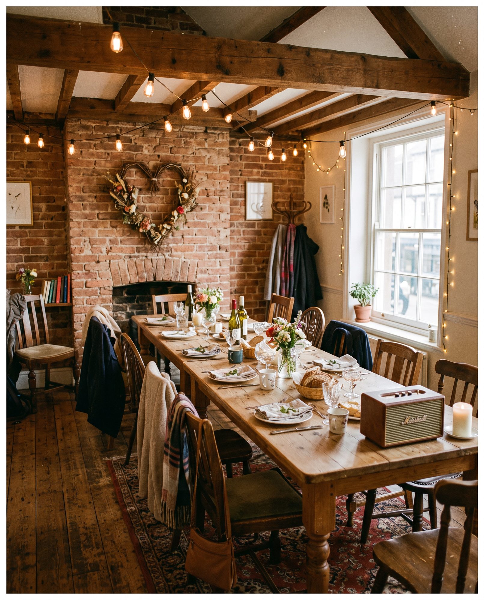 The upstairs party room at Café Chico — long wooden table set for twelve, exposed brick wall, heart-wreath, Edison bulbs overhead, no people yet