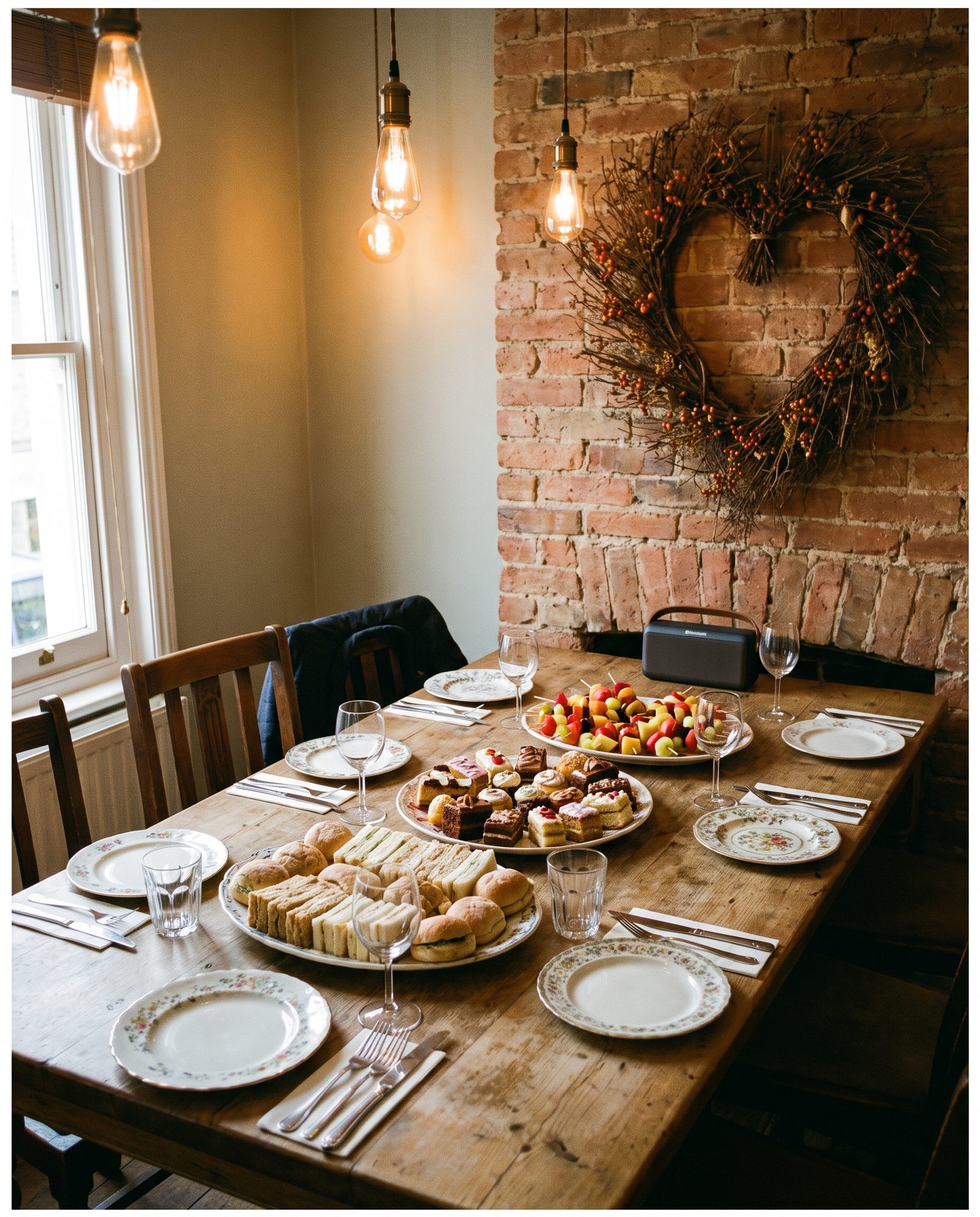 Platters laid out on the long wooden table in the party room — sandwiches, mini cakes and fruit skewers, plates and cutlery around, Bluetooth speaker in the corner