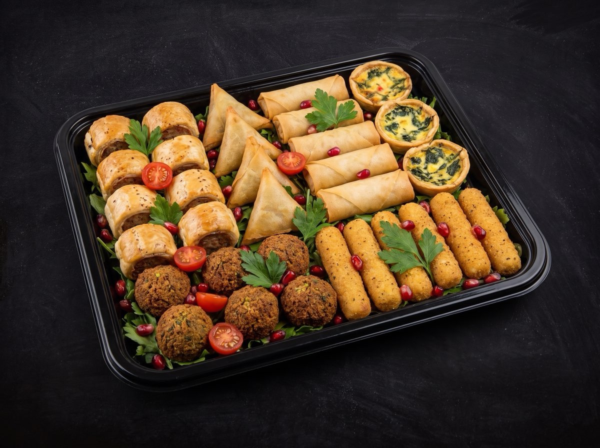 24 savoury bites platter — sausage rolls, samosas, spring rolls, mini quiches and falafel in a black tray