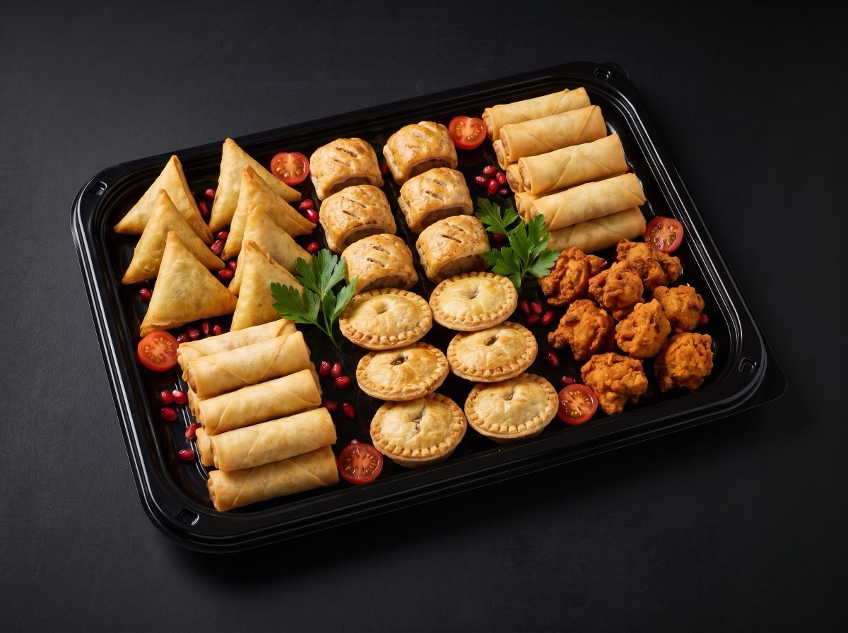 40 savoury pieces platter — samosas, sausage rolls, spring rolls, mini pies and fried chicken bites in a black tray