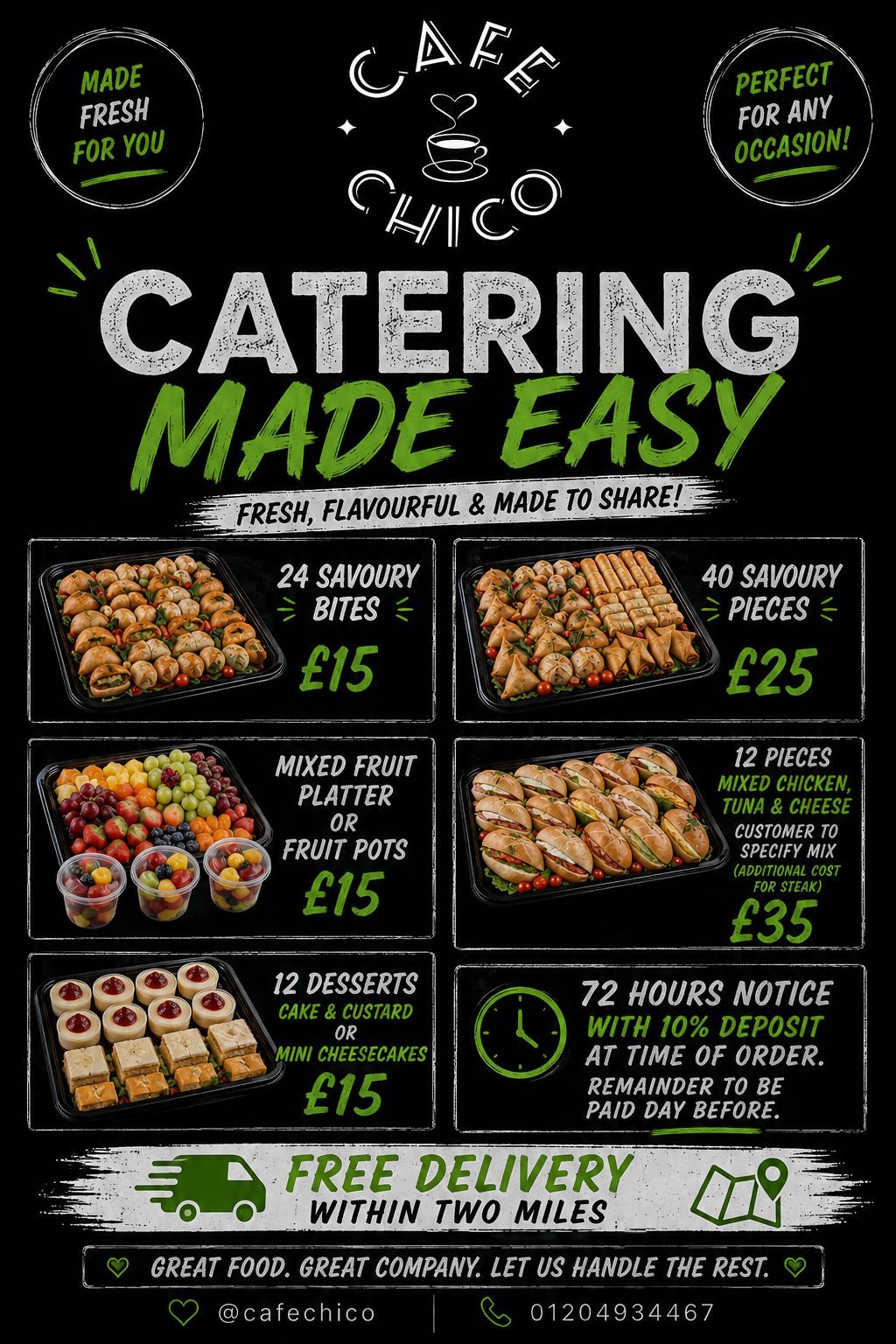 Café Chico catering flyer — Catering Made Easy, five platters from £15, free delivery within two miles
