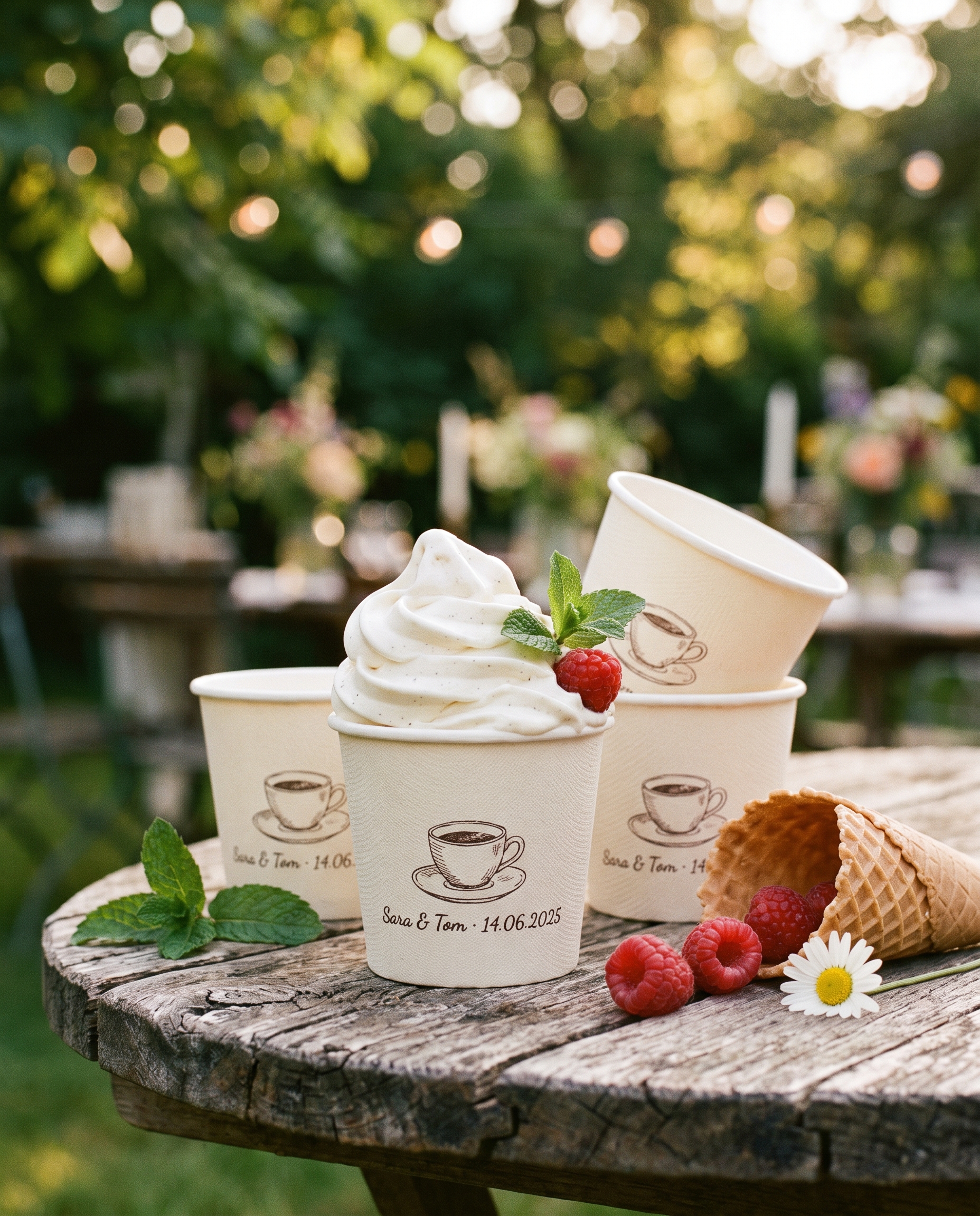 Café Chico branded paper cups printed with the customer's name and wedding date, on a wooden table